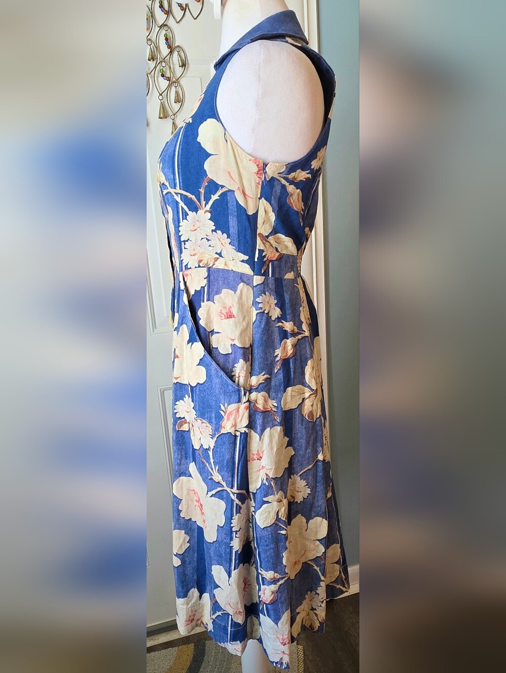 Anthropologie Camellia Collared Midi Dress Womens 2 Blue Cream Floral Retro 90s - Picture 6 of 12
